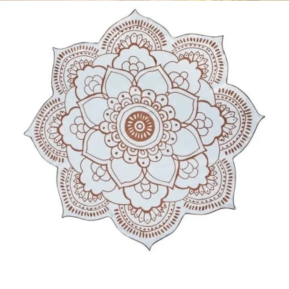 NWOT Vix Paula Hermanny Blue Brown Lotus Flower Beach Towel 58” diameter
